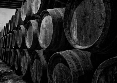 Prohibition casks and barrels of alcohol stacked up in storage