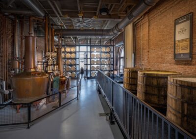 Modern distillery tour of operations production and alcohol storage