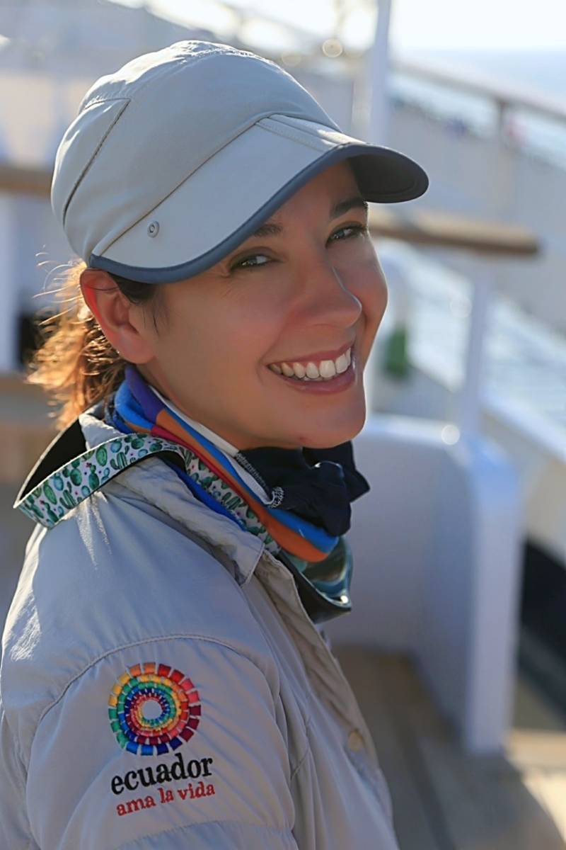 Certified Galapagos naturalist guide Cornelia Besmer on the deck of the Yate Anahi
