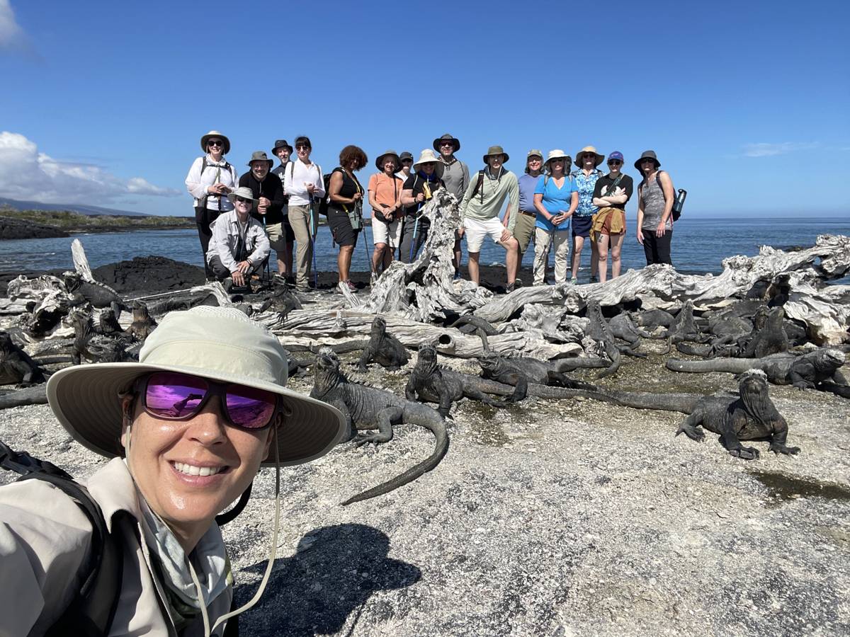 Cultured Travel group and naturalist guide Cornelia Besmer with a marine iguana colony on Fernandina Island