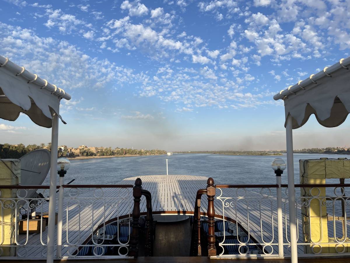 Morning view from the SS Karim's bow deck looking out over the Nile River in Egypt