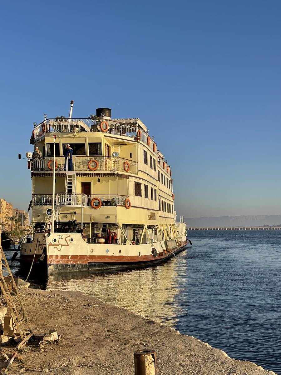 The SS Karim, a restored 1917 steam ship, docked on the Nile River during a private luxury Egypt tour