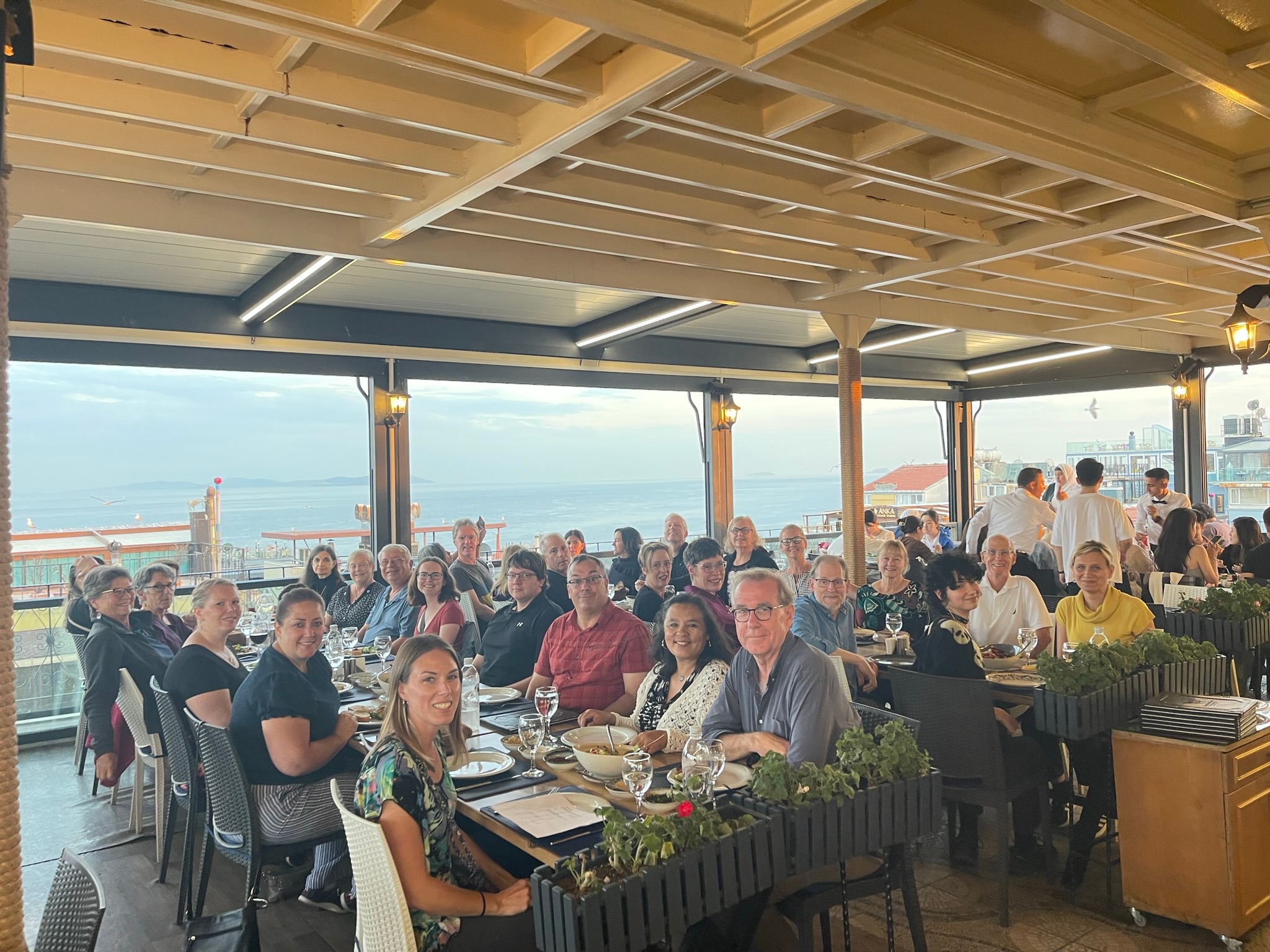 Dr. Thomas Madden with the Cultured Travel group at a rooftop dinner overlooking the Sea of Marmara, Istanbul